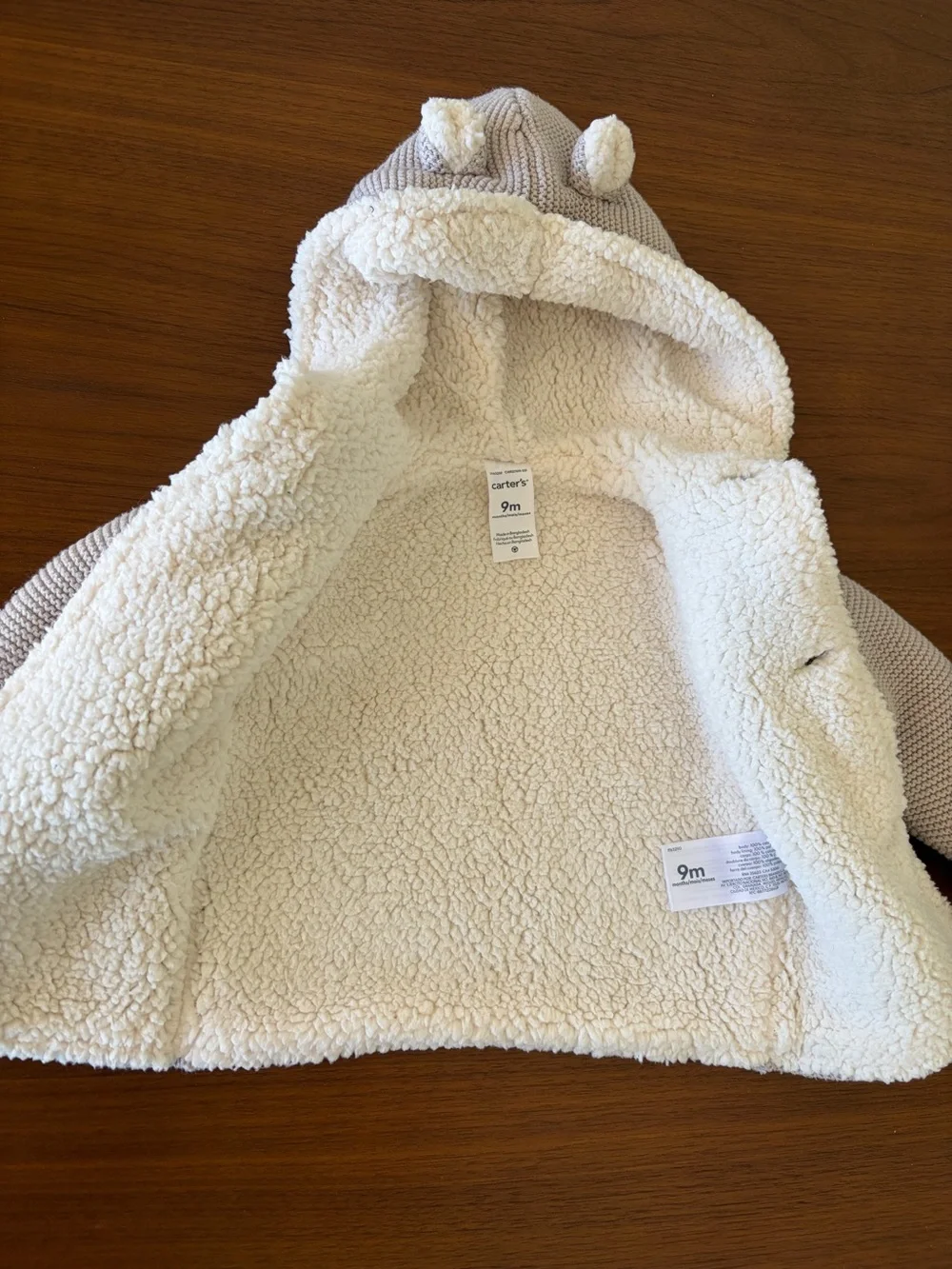 Carter’s beige/light taupe cozy baby jacket with teddy ears 6-9months